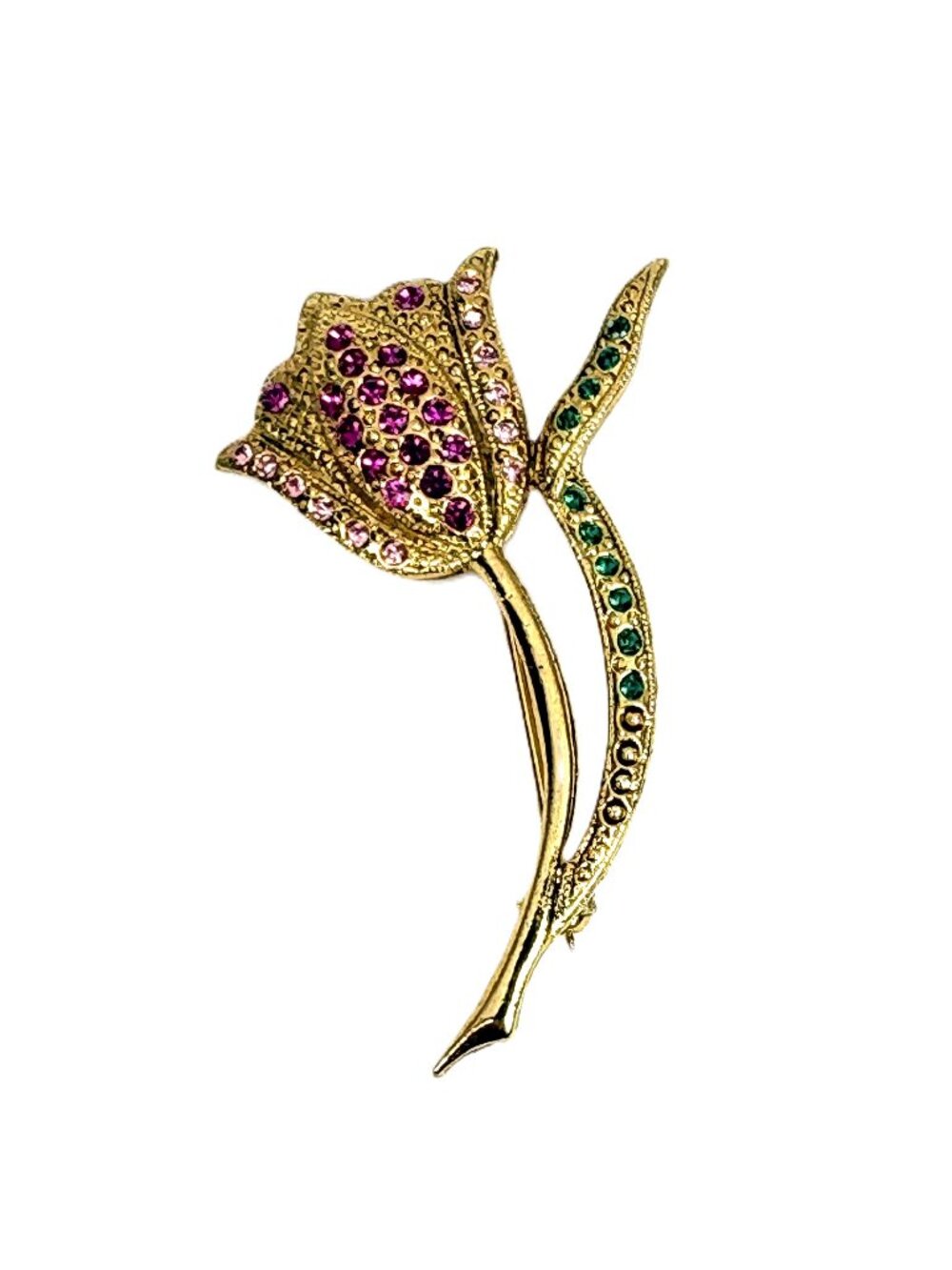 Vintage EISENBERG ICE Pink Emerald Green Rhinestone Tulip Flower Brooch Pin